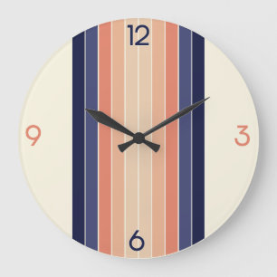 Grande Horloge Ronde Bleu rétro et Pêche "Surfboard" rayé