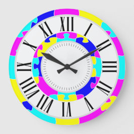 Grande Horloge Ronde Bleu rose clair, Jaune Jigsaw Art