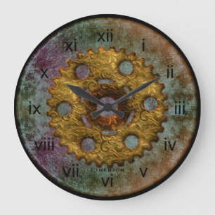 Grande Horloge Ronde Bleu rouillé et cuivres Tonalités à vapeur Horl
