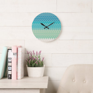 Grande Horloge Ronde Bleu turquoise, turquoise et vert Zigzags