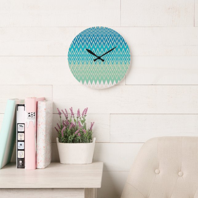 Grande Horloge Ronde Bleu turquoise, turquoise et vert Zigzags (Salle de lecture)