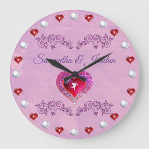 Grande Horloge Ronde Bling Pink Heart et Cherub Personalised