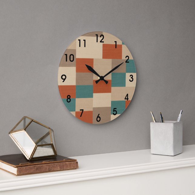 Grande Horloge Ronde Bloc géométrique Abstrait moderne en Turquoise et  (Bureau)