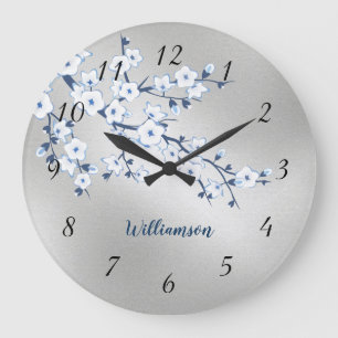 Grande Horloge Ronde Blossom de cerisier blanc Monogramme feuille d'arg