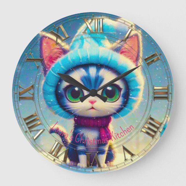 Grande Horloge Ronde Blue Christmas Kitty (Recto)