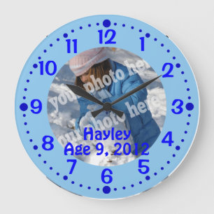Grande Horloge Ronde Blue Custom Photo Text Clock w/ Minutes Template