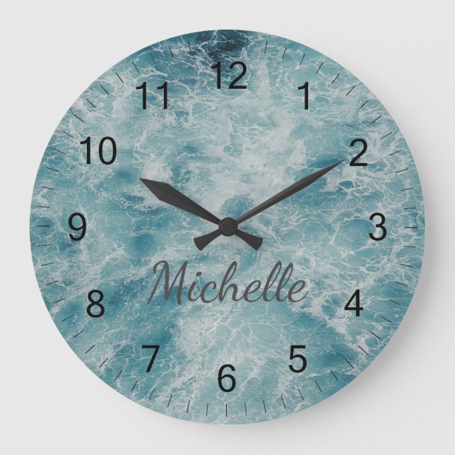Grande Horloge Ronde Blue Green Ocean Summer Beach Waves Custom (Recto)