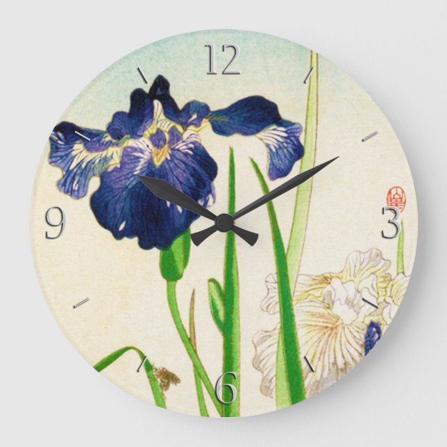 Grande Horloge Ronde Blue Iris - imprimé japonais aquarelle (Recto)