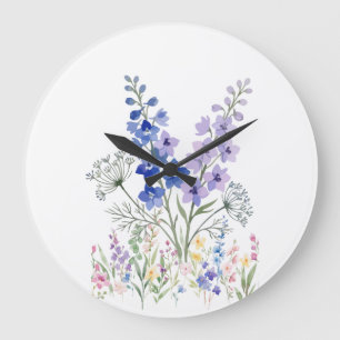 Grande Horloge Ronde Blue & Lavender Wildflower Wall Clock – Elegant Wa