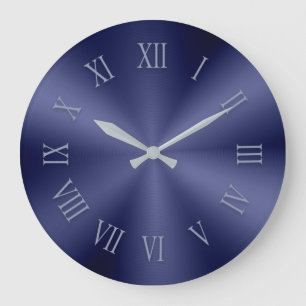 Grande Horloge Ronde Blue métallc Clock with Patterned Roman Numbers