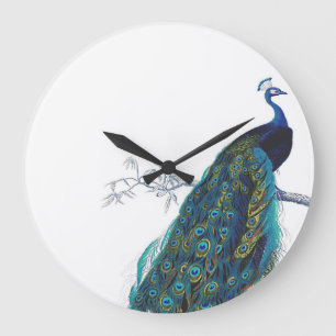 Grande Horloge Ronde Blue Peacock with beautiful tail feathers