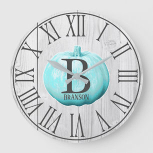 Grande Horloge Ronde Blue Pumkin & White Wood Personalized