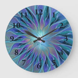 Grande Horloge Ronde Blue Purple Flower Dream Abstrait Fractal Art