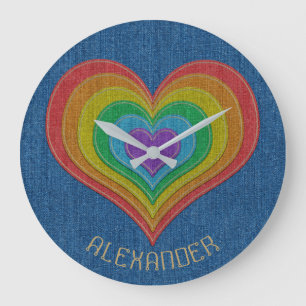 Grande Horloge Ronde Blue Rainbow Denim Jeans 6 Hearts Customized