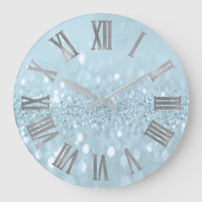 Grande Horloge Ronde Blue Silver Glitter Gray metal Roman Numbers (Recto)