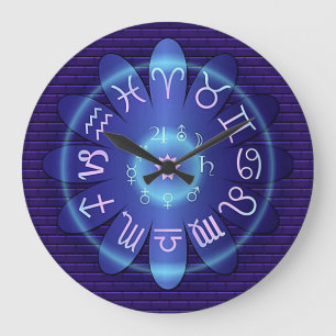 Grande Horloge Ronde Blue Zodiac Astrology Symbols Wall Clock
