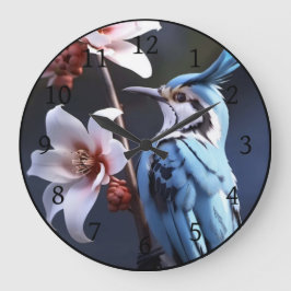 Grande Horloge Ronde Bluejay et Fleurs