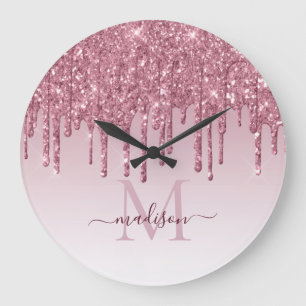 Grande Horloge Ronde Blush Pink Glitter Sparkle Glam Dripping Monogram