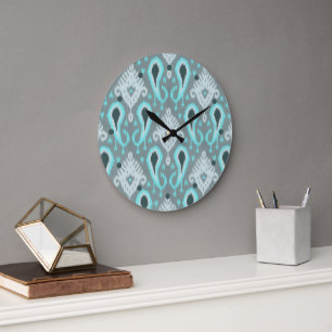 Grande Horloge Ronde Bohemian Aqua Turquoise Ikat Motif d'art tribal