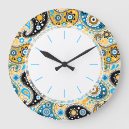 Grande Horloge Ronde Bohemian Seventies Retro Blue et Gold Paisley