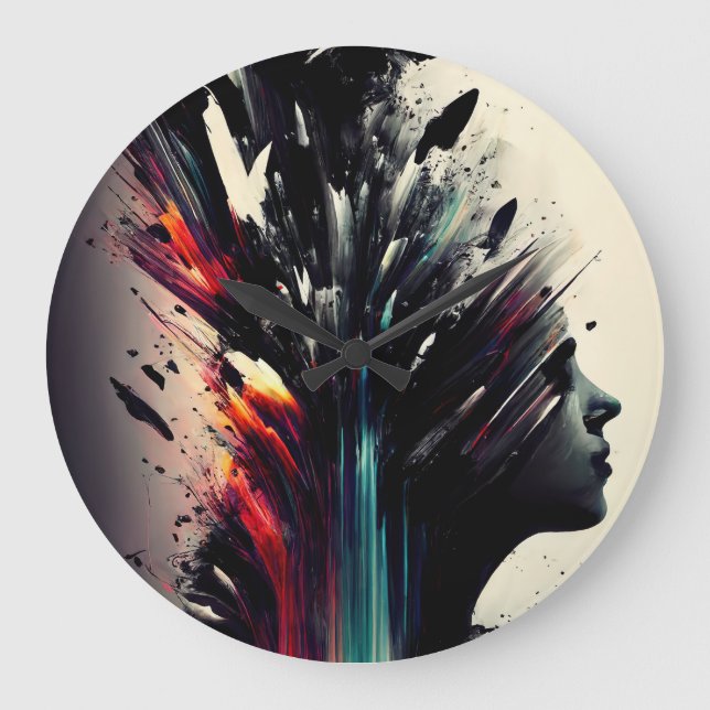 Grande Horloge Ronde Boho art abstrait avec visage de fille (Recto)