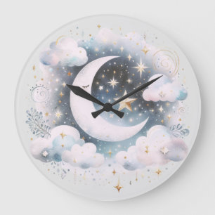 Grande Horloge Ronde Boho céleste bleu et blanc de la lune Moderne