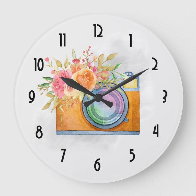 Grande Horloge Ronde Boho Orange Caméra & Fleurs Aquarelle (Recto)