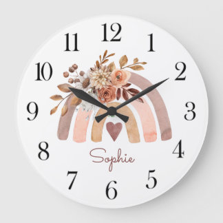 Grande Horloge Ronde Boho personnalisé aquarelle Rainbow Nursery