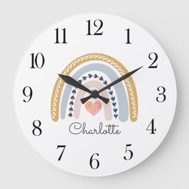 Grande Horloge Ronde Boho personnalisé aquarelle Rainbow Nursery (Recto)