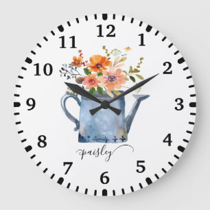 Grande Horloge Ronde Boho Rust Orange Aquarelle Fleurs Arrosage Can