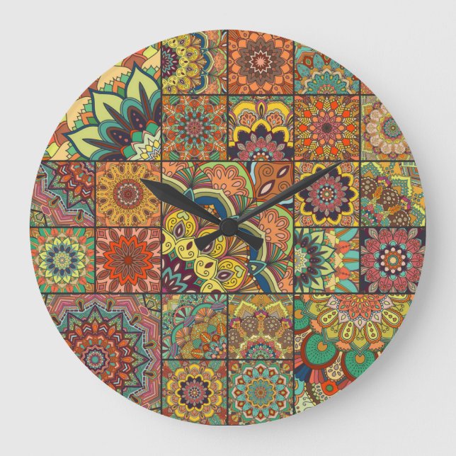 Grande Horloge Ronde Boho tuiles : patchwork coloré sans couture motif (Recto)