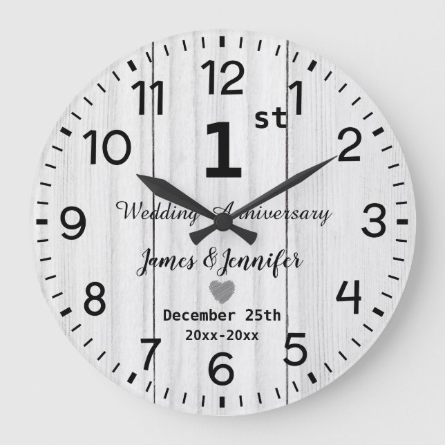 Grande Horloge Ronde Bois blanc rustique 1er anniversaire Mariage perso (Recto)