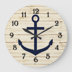 Grande Horloge Ronde Bois blanc rustique de Faux avec l'Ancre