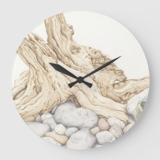 Grande Horloge Ronde Bois de flottage et cailloux dans l'horloge murale