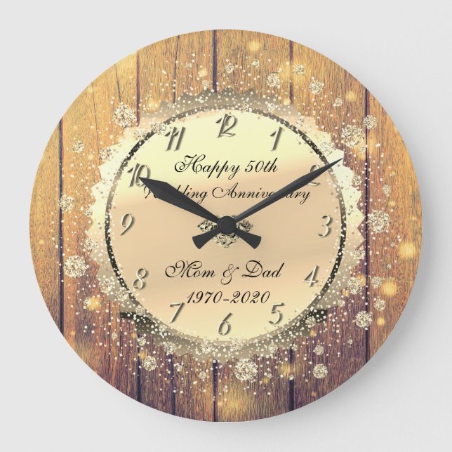 Grande Horloge Ronde Bois, Gold Confetti 50e anniversaire Mariage (Recto)