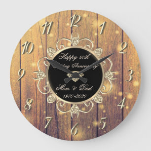 Grande Horloge Ronde Bois Lumières Diamants 50e Anniversaire de Mariage