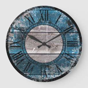 Grande Horloge Ronde Bois rustique (bleu)