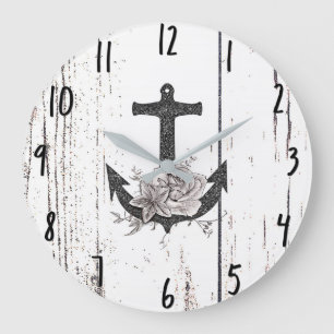 Grande Horloge Ronde Bois rustique côtier floral vintage ancre de plage