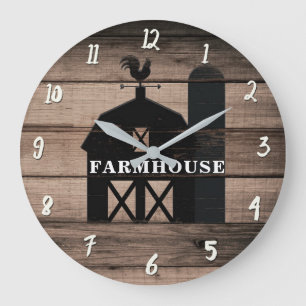 Grande Horloge Ronde Bois rustique vieilli noir grange maison de ferme