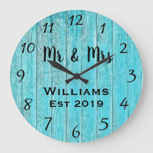 Grande Horloge Ronde Bois sarcelle personnalisé rustique sur mesure