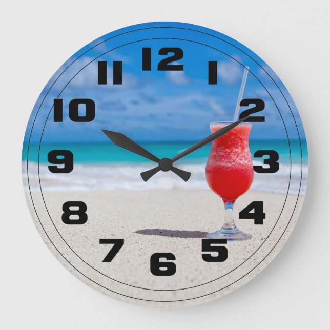Grande Horloge Ronde Boisson rouge à la fraise sur la plage de sable (Recto)