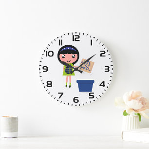 Grande Horloge Ronde Boîte à pizza Recycling Girl Amusante Éco-Friendly