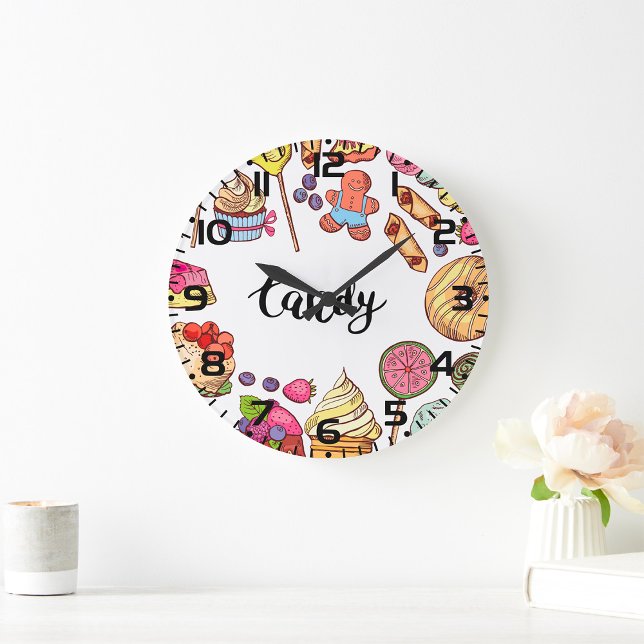 Grande Horloge Ronde Bonbons et Dessert Doodles Sweet Traitements Motif (Créateur téléchargé)