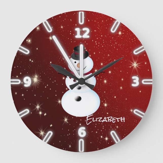 Grande Horloge Ronde Bonhomme de neige adorable, Rouge -Personnalisé (Recto)