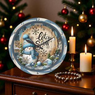 Grande Horloge Ronde Bonhomme de neige Laissez tomber la neige bleue