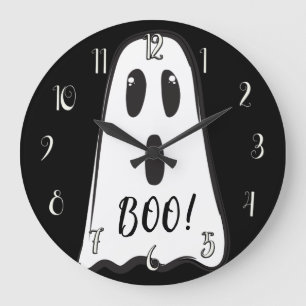 Grande Horloge Ronde BOO! Fantôme mignon Halloween noir et blanc