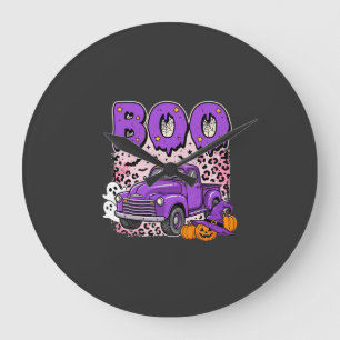 Grande Horloge Ronde Boo Halloween Camion Violet Fantôme et Citrouilles