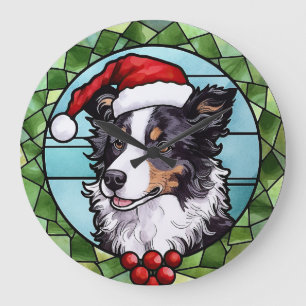 Grande Horloge Ronde Border Collie Vitrail Noël