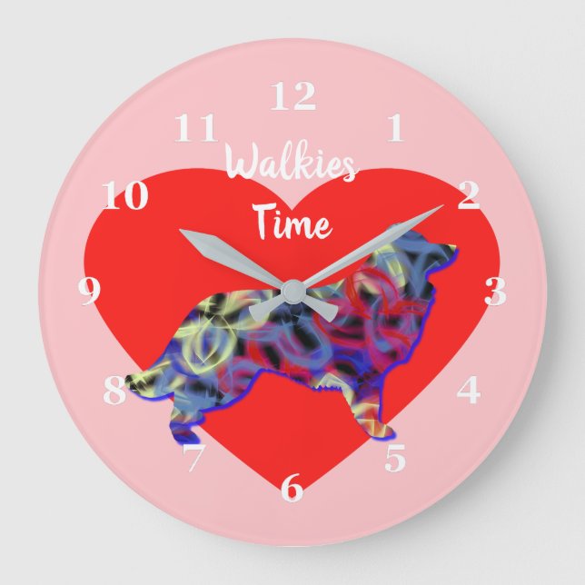 Grande Horloge Ronde Bordure Collie Chien Silhouette Saint Valentin ros (Recto)
