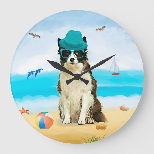 Grande Horloge Ronde Bordure Collie Dog sur la plage (Recto)